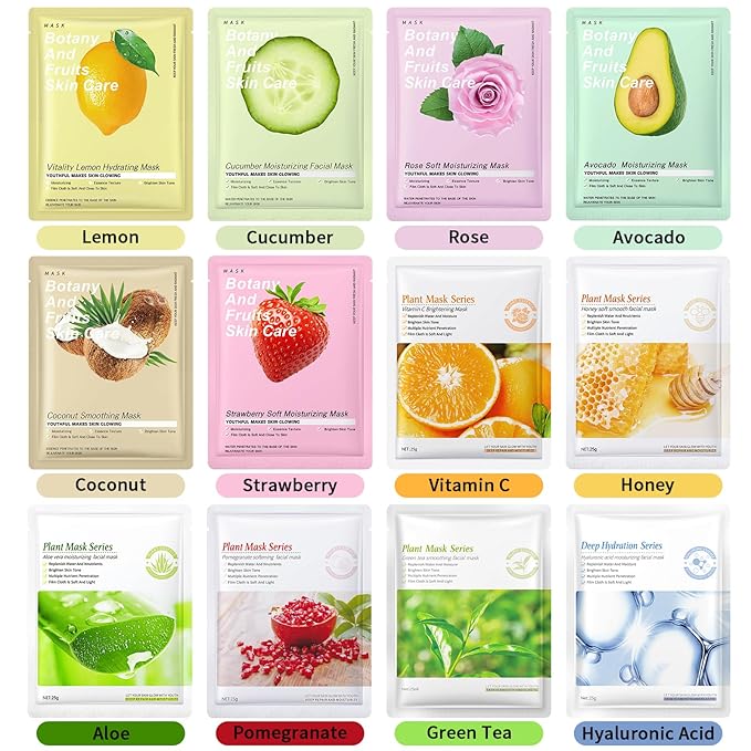 12 Pack Face Masks Skincare Sheet Face Masks for Teens Girls Women, Hydrating Face Mask, Face Mask Set SPA Party Gifts for Teens Girls Kids, Mothers Day Gifts, Perfect for Pamper & Sleepover Party