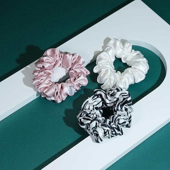 MTSNOO Silk Scrunchies for Sleep, 100% Pure 22 Momme Mulberry Silk Scrunchies for Curly Hair with Elastic Band, 3 Pack, Pink White Zebra