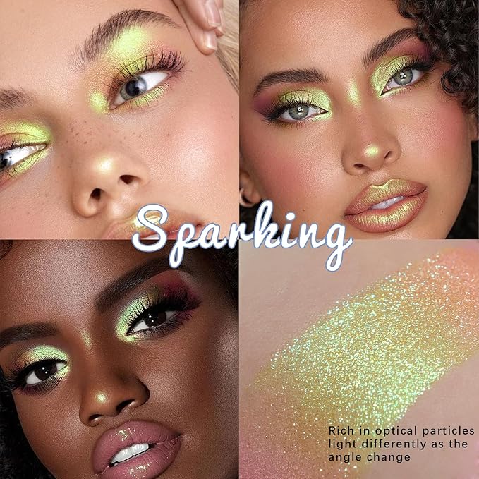 Noerrors Yellow Green Holographic Duochrome Glitter Eyeshadow, Multichrome Rich Color Shimmer Metallic Eyeshadow for Blue Green Eyes, Satin Shiny Iridescent Mermaid Eye Makeup Palette Rave Accessories