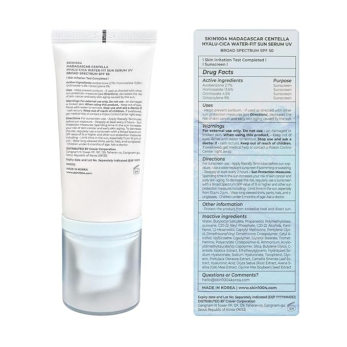 SKIN1004 Centella Hyalu-Cica Water-Fit Sun Serum UV, Korean Sunscreen SPF 50, Centella Sunscreen, Travel Essentials, Sunscreen with Hyaluronic Acid, No White Cast, Korean Skin Care, 1.69 fl.oz / 50ml