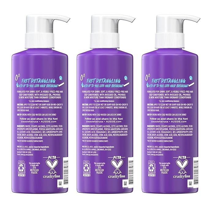 Aussie 3 Minute Miracle Moist Deep Conditioner for Dry Hair, Avocado & Jojoba Oil, Safe for Color Treated Hair, Nourishing Hydration, Silky Shine, Paraben-Free, 16 Fl Oz Each, Triple Pack