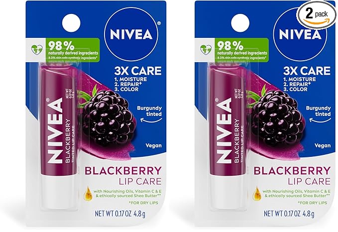 NIVEA Blackberry Lip Care, Tinted Lip Balm with Shea Butter, Nourishing Oils and Vitamin C & E, 3-in-1 Moisture, Repair (for Dry Lips) and Color, 0.17 Oz Stick (Pack of 2)