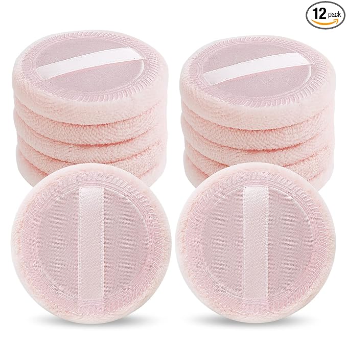 Sibba 12 Pcs Loose Powder Make Up Puff Pink Cotton Pads Face Body Makeup Velour with Ribbon Applicators Setting Round Make Up Eyeshadow Concealer Cosmetics Sponge
