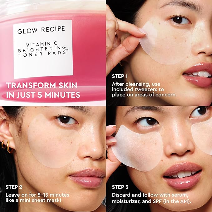Glow Recipe Vitamin C Brightening Toner Pads - Korean Vitamin C Face Pads for Dark Circles Under-Eye and Cheeks - Light Face Exfoliator - Niacinamide, Caffeine, Guava - Fragrance-Free (60 Count)