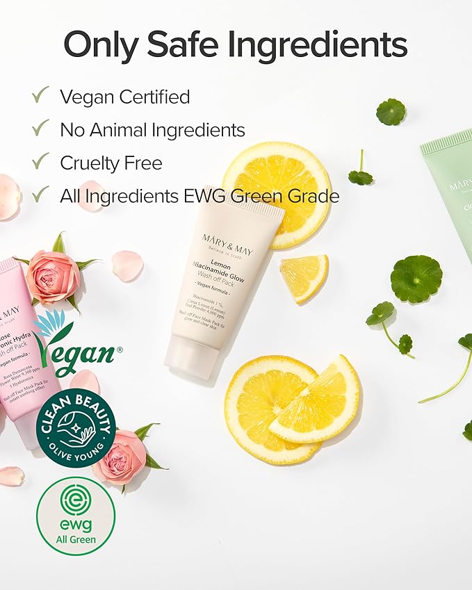 Mary&May Vegan Lemon Niacinamide Glow Wash off Pack 30g,Clean Pores, Sebum Control, Vitamin C, Lemon Peel, Clay Mask, Korean Facial Mask, 1.01oz.