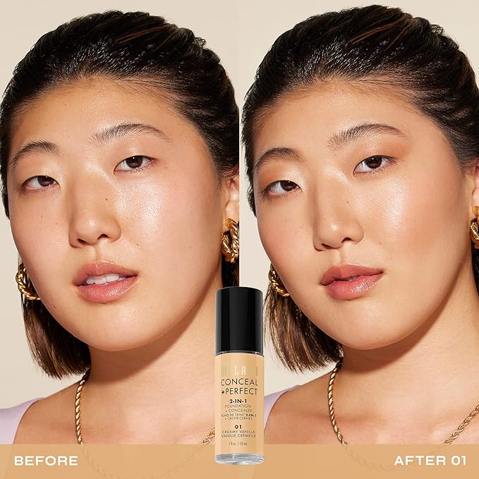 Milani Conceal + Perfect 2-in-1 Foundation + Concealer for a Flawless Complexion, Under Eye Corrector, Cover Redness and Imperfections, Waterproof and Sweatproof - 01-Creamy Vanilla