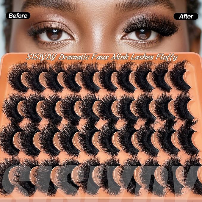 Mink Lashes Fluffy Dramatic Thick Volume Eyelashes Strips 3D 20mm 25mm Big Long Cat Eye Full Strips Lashes Faux Mink Eyelashes Multipack 20 Pairs Fake Lash Strip Pack YH305