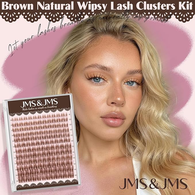 JMS&JMS Brown Lash Clusters Kit, Wipsy Manga Lashes Clusters, Spikes Eyelash Clusters Natural Lashes Kit, C Curl Cluster Eyelash Extensions Kit with Invisible Band False Eyelashes Kit