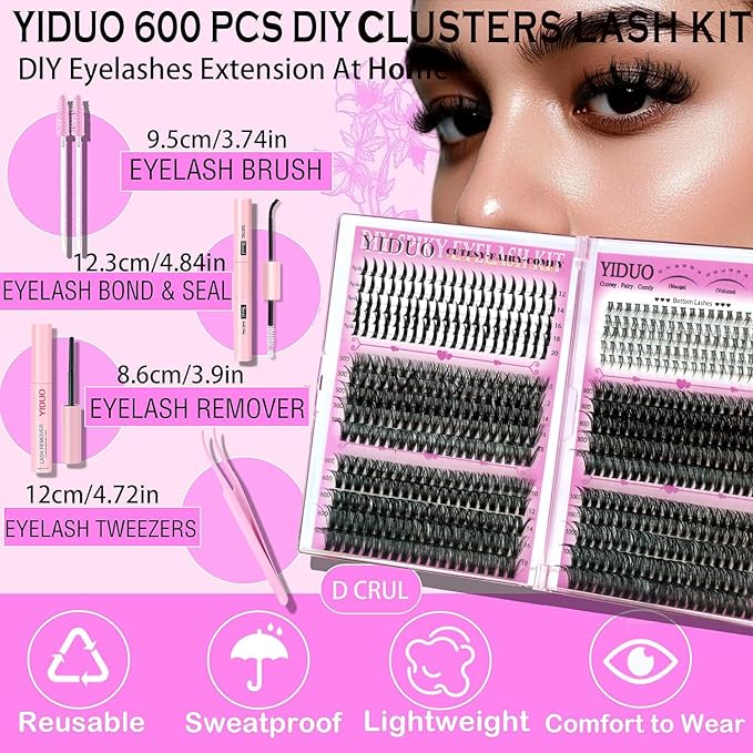 YIDUO Lash Clusters Kit with Spikes+Bottom Lashes Extensions 40D+60D+80D+100D Wispy Individual Cluster Eyelash Kit 600pcs Eyelash Cluster Extensions with Lash Bond and Seal Tweezers Remover