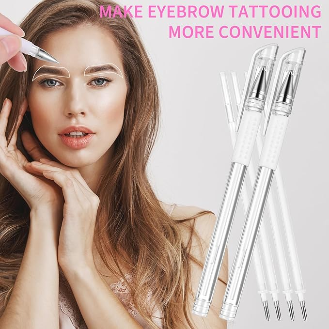 Eyebrow Microblading Marker Pen, 2 Pcs Brow Mapping Pens with with 4 Replacement Refills and 1 Ruler, Makeup Tattoo Skin Marker Pen, Brow Lamination Supplies for Eyebrow Lip Skin(White)
