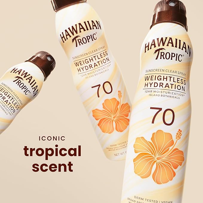 Hawaiian Tropic Weightless Hydration Sunscreen Spray SPF 70, 6oz | High SPF Sunblock, Oxybenzone Free, Hawaiian Tropic Spray Sunscreen, 6oz