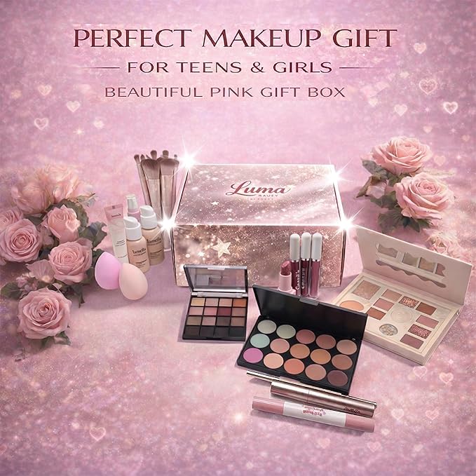 All in One Makeup Kit for Women & Beginners, Essential Full Makeup Set with Eyeshadow Palette, Lip Gloss, Foundation, Brushes – Makeup Gift Set for Teens & Girls, Great Value Starter Kit