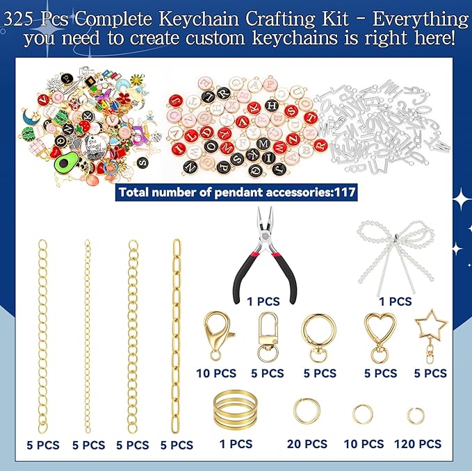 DRHWEFSQ 325Pcs Lip Gloss Keychain Making Kit, DIY Jewelry Supplies with 118 Charms, 25 Extender Chains, 30 Clips, 150 Jump Rings & Plier for Custom Keychains, Bags, Handmade Gifts