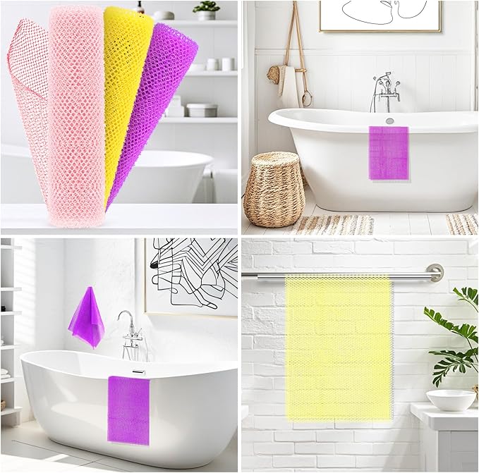 3 Pieces African Net Sponge – Premium African Net Sponge for Deep Exfoliation Quick-Dry and Reusable Mesh for Smooth Skin（Yellow, Pink, Purple）