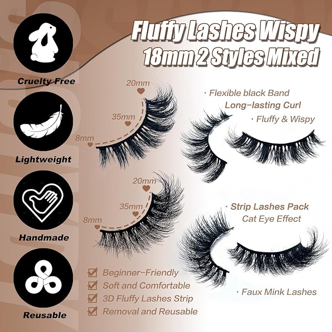 Mink Lashes Wispy Cat Eyelashes Strip False 3D Eyelashes 16mm Short Fluffy Lash Natural Look Faux Mink Cat eye Lashes Multipack Pack 2 Styles Mixed YH309