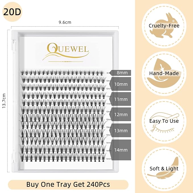 QUEWEL Lash Clusters 240Pcs Cluster Lashes 20D 0.07D Curl 15mm Individual Lashes Soft&Comfortable DIY Eyelash Extension at Home(20D 0.07D 15)