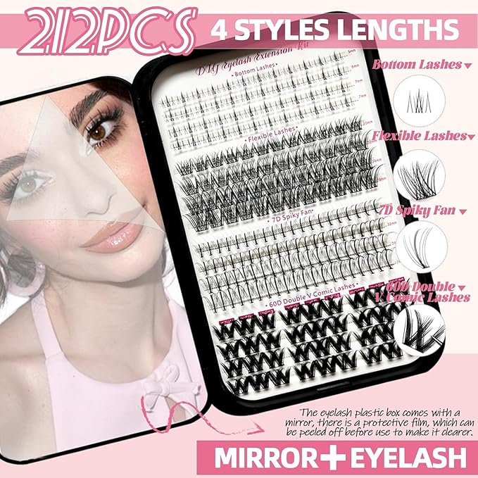 QUKLOGEN DIY Lash Extension Kit 802Pcs D Curl 4 styles Individual Lash with Bottom Lash Clusters Lash Bond and Seal,Quick Glue Remover Tweezers Eyelash Brush Mini Applicator (LASH002)