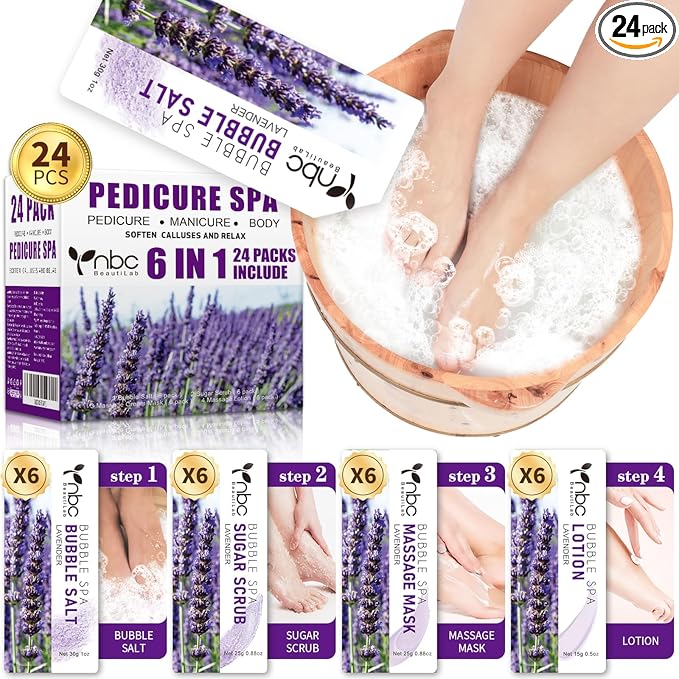 24 PCS Foot Soak, Pedicure Kit Foot Soak Set With Bubble Salt, Sugar Scrub, Massage Mask, Massage Lotion In a Box 4 Step Foot Spa Kit For Dry Cracked Feet, Tired Feet, 6 Set Lavender