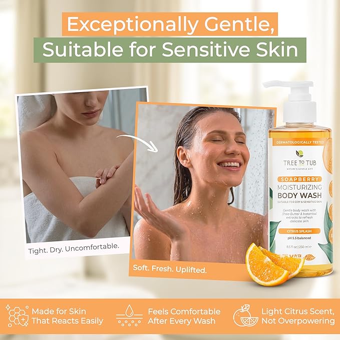 Tree To Tub Citrus Body Wash for Dry Skin & Sensitive Skin - pH Balanced Moisturizing Body Wash, Hydrating Sulfate Free Body Soap for Women & Men w/Organic Shea Butter, Aloe Vera, Natural Soapberry