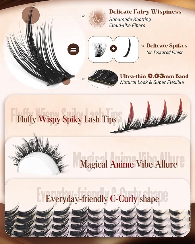 Manga Lash Clusters with Spikes Wispy Eyelash Clusters Anime Spiky Individual Lashes Natural Look Volume Cluster Eyelash Extensions Fairy Eyelash Clusters DIY Lash Extension C Curly 8-16mm by zenotti