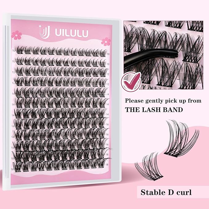 Uilulu Lash Clusters Kit for DIY Lash Extension at Home, False Eyelashes Set with Bond and Seal, Lash Remover, Tweezers, D Curl Wispy Individual Clusters Eye Lash Extensions Kit (U22 Kit)