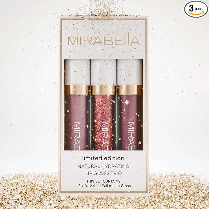 Mirabella 3 Pack Lip Gloss Trio - Highly Pigmented Shimmer Lip Gloss Non Sticky with Hydrating Medical Grade Lanolin for Chapped Lips, Lip Gloss for Women Set of 3 Shades