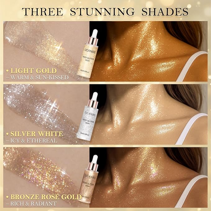 Liquid Glitter Highlighter Glow Drops – Face Highlighter & Body Shimmer Makeup, Illuminating Radiant Glow for Festival Rave Party, Long Lasting 01 Champagne Gold
