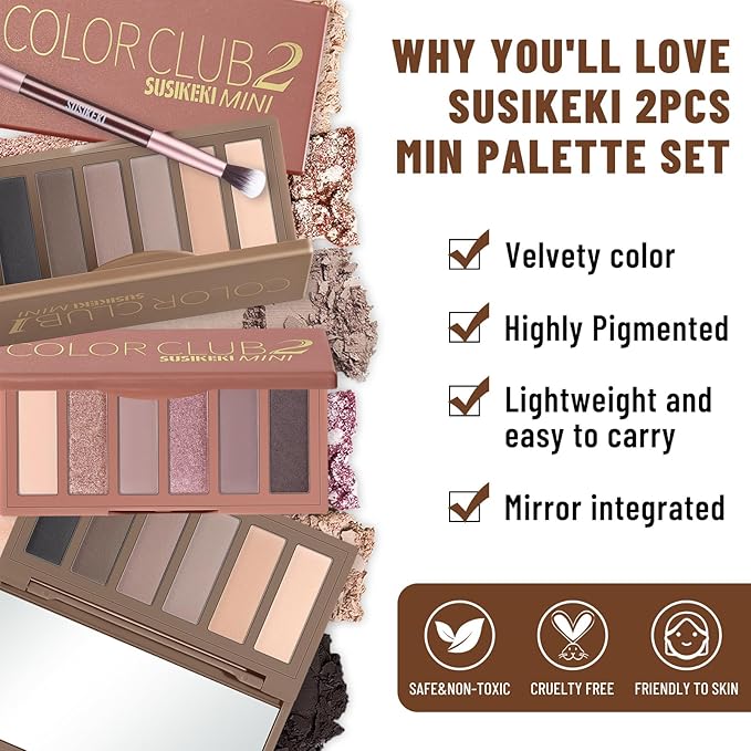 SUSIKEKI 2PCS Neutral Nude Matte Shimmer Eyeshadow Palette - 6 Colors Mini Travel Size, Highly Pigmented Brown & Pink Eye shadow, Long Lasting Vegan Makeup Palette with Brush Set for Daily Use