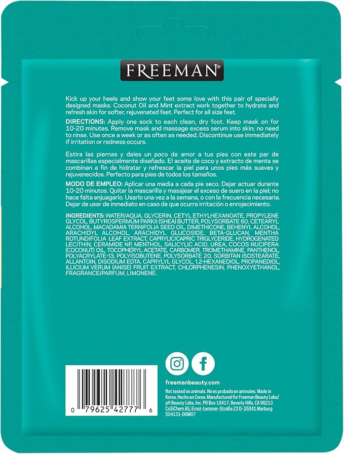 Freeman Flirty Feet Foot Mask 2-Pack – Moisturizing Socks with Coconut Oil & Mint Extract