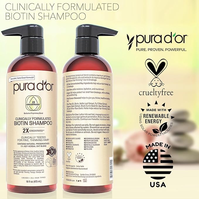 PURA D'OR 16 Oz Clinically Formulated Biotin Shampoo - Daily Hair Care Routine For Thinning Hair - 2X Concentrated 17+ Key Herbal Blend Hair Thickening Products For Women & Men