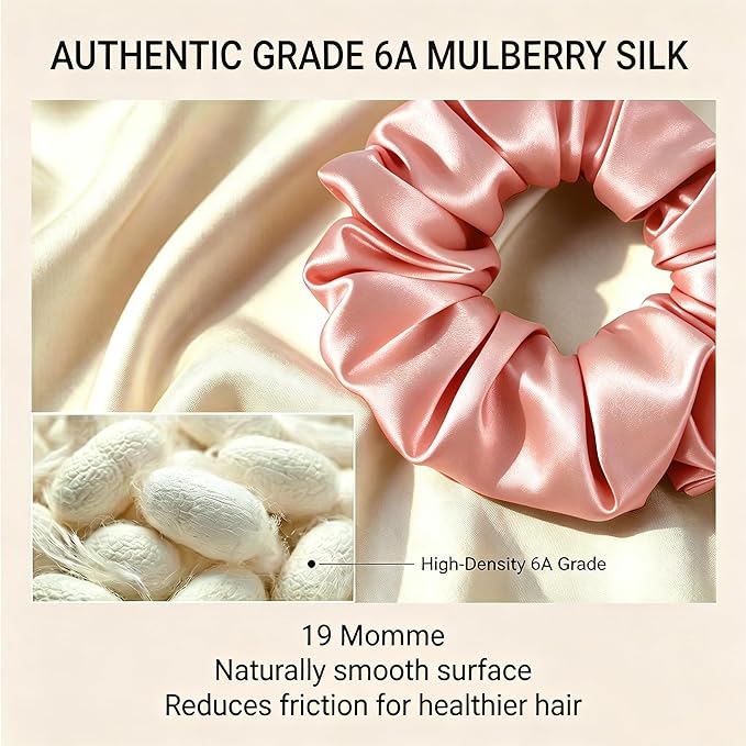 ZLYC 100% Mulberry Silk Scrunchie 19 Momme Gentle Creaseless Hair Tie for Women Dent-Free Ponytail Holder, 3.5cm Solid Peach Pink