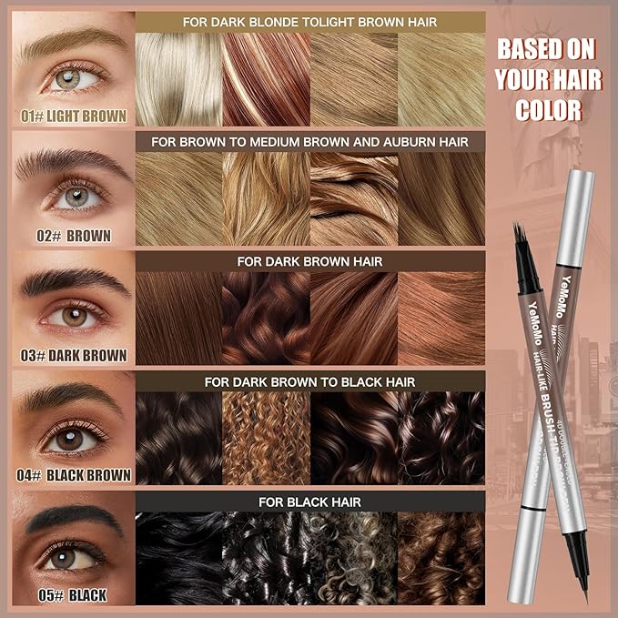 4D Double-Ended Eyebrow Pen, Hair-Like Brush Tip, Waterproof Brow Tint with Soft Nib, Available in 5 Natural Colors (1#Light Brown)