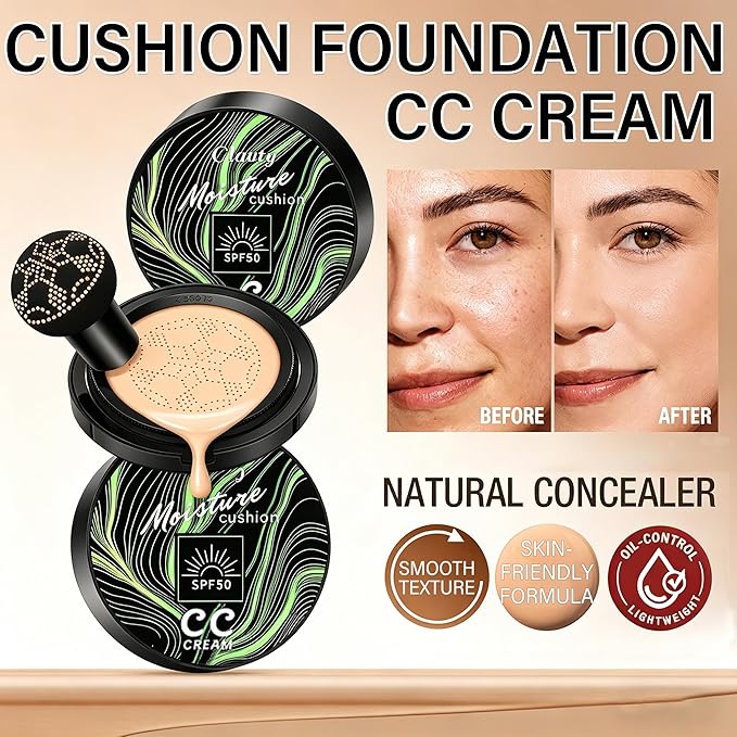 Cushion Foundation Air Cushion CC Cream - Full Coverage Foundation With SPF 50+, Color Corrector, Even Skin Tone, Tattoo cover up, Moisturizing Concealer Sunscreen Foundation Makeup (Buff Beige SPF50)