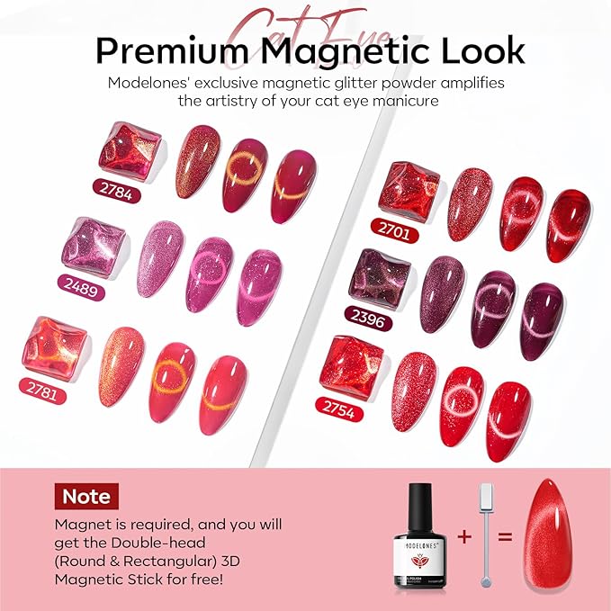 modelones Cat Eye Gel Nail Polish, 6 Colors Red Glitter Burgundy Ruby Sparkle Shimmer Gel Polish Set with Magnet Nail Gel Polish Kit Soak Off Led Nail Art Manicure Salon DIY Gifts