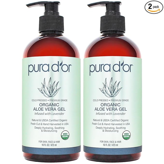 PURA D'OR ORGANIC Aloe Vera Gel Lavender (16 Oz X 2) All Natural - ZERO Artificial Preservatives - Deeply Hydrating & Moisturizing - Sunburn, Bug Bites, Rashes, Small Cuts, Eczema Relief - Skin & Hair