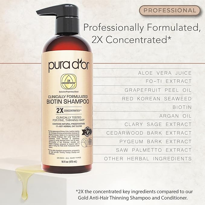 PURA D'OR Clinically Formulated Biotin Shampoo & Conditioner For Hair Thinning - 2X Concentrated Proprietary Herbal Blend Thickening Products For Women & Men, Sulfate Free, 16oz x2