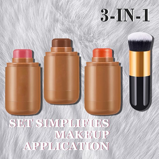 3Pcs Cream Contour Stick Makeup Kit with Makeup Brush,Shades with Highlighter,Brush Stick,Cream Bronzer for Sculpt the Cheeks,Long-lasting Waterproof Lightweight Contour Set C