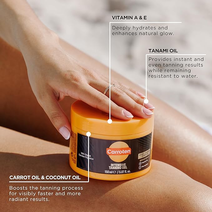 Carroten Intensive Tanning Gel | Browning Tan Accelerator | Non-Greasy, Water-Resistant with Carrot and Coconut Oil | Vitamin A & E For Moisture & Hydration | Made in Greece | 5 Fl Oz
