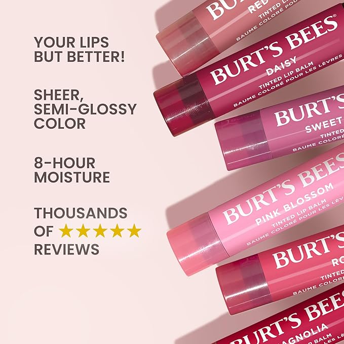 Burt's Bees Lip Tint Balm, Mothers Day Gifts with Long Lasting 2 in 1 Duo Tinted Balm Formula, Color Infused with Deeply Hydrating Shea Butter for a Natural Buildable Finish, Petal Rose (2-Pack)