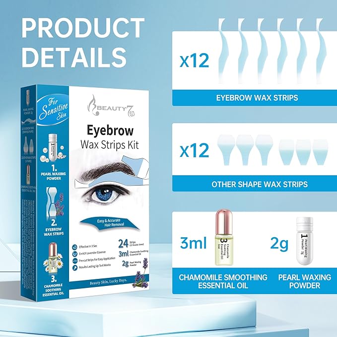 Beauty7 Men's Sensitive Eyebrow Wax Strips, Eyebrow Waxing Strips, 24 Strip with Pearl Powder Essential Oil, for Sensitive Skin