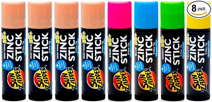 Sun Zapper Zinc Stick Mineral Sunscreen (Light Skin Tone, Pink, Blue, Green, Yellow) SPF 50+ Water Resistant for Face & Body, Adults, Kids, 8-Pack Broad Spectrum Sun Block, Made in Australia
