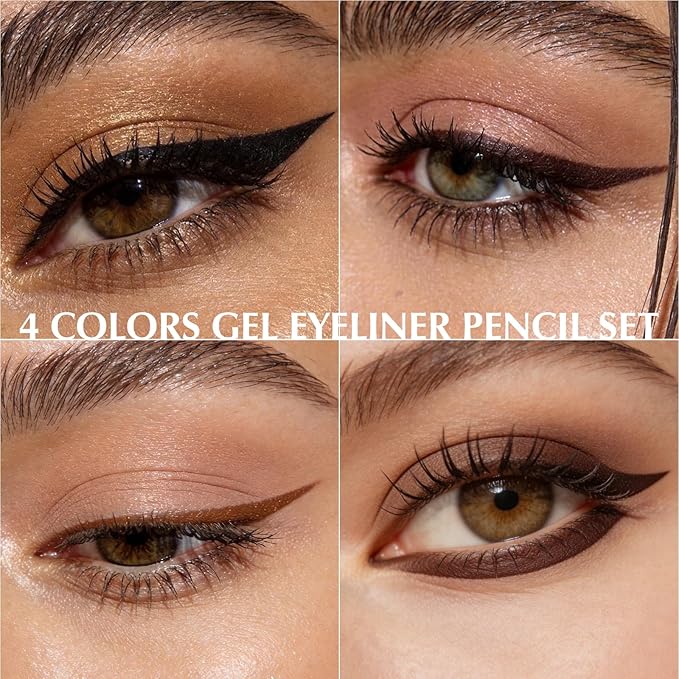 4Pcs Black Brown Eyeliner Pencil, Sharpenable Gel Eye Liner Waterproof Smudge proof Long Lasting, Matte Glitter Waterline Eyeliner Set for Women Smooth Cream Eye Shadow Brightener Pen Makeup