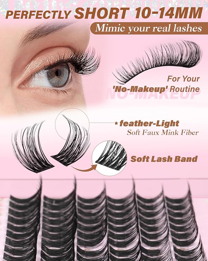 Short Natural Lash Clusters Wispy Eyelashes Clusters 10-12-14mm pestañas postizas naturales Lightweight Cluster Eyelash Extensions Go-To Length C Curl Lashes DIY Eyelash Clusters for All Eye Shapes