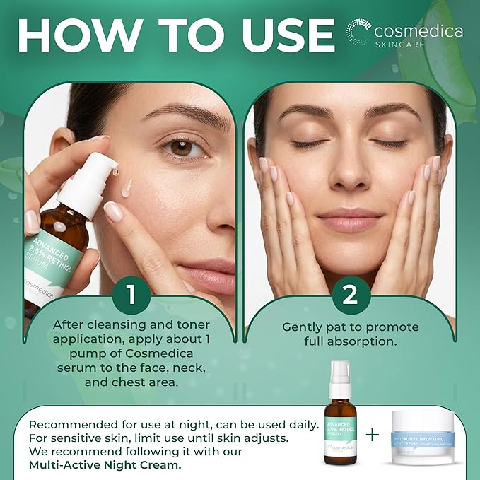 Cosmedica Skincare Retinol Serum 2.5% for Face | Anti-Aging Vitamin A Serum with Hyaluronic Acid, Green Tea & Vitamin E | Reduces Wrinkles, Acne Scars & Dark Spots | Gentle for Sensitive Skin | 1 oz