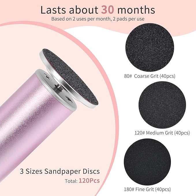 APRELM Rechargeable Electric Foot Callus Remover with 3-Sizes 120Pcs Sandpaper Discs, Professional 900RPM 3-Speed Control Aluminum Electric Foot File for Dead Skin (E3 Rose Pink)