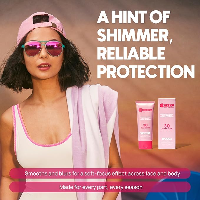Cheeky | Shimmer Mineral Sunscreen SPF 30 | Zinc Oxide Sunblock | Glitter Sunscreen For Face & Body | Caffeine Infused Formula | Dermatologist Developed | Reef Safe Sunblock | 3.4oz
