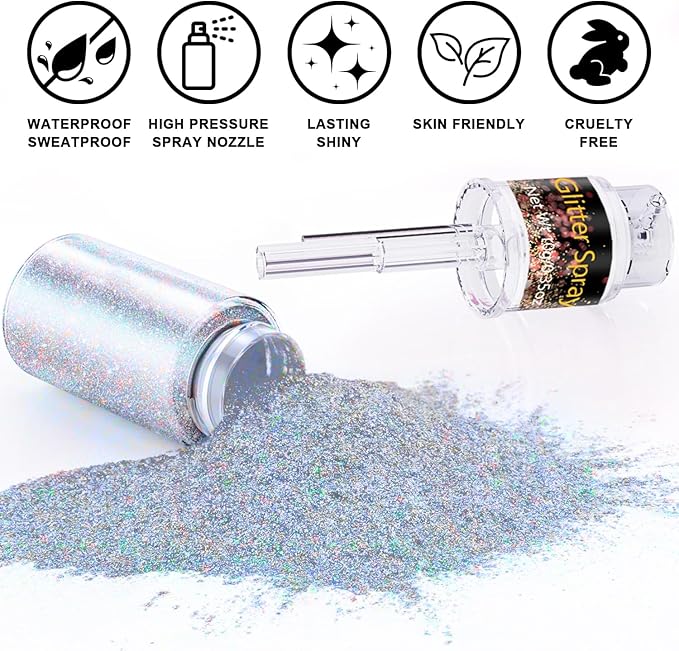 Hair and Body Glitter Spray, 1PC Glint-Rainbow Glitter Hairspray Dry Powder Makeup for Clothes, Festival Rave Loose Sparkle Powder,Holographic Ultra Fine Glitters for 4th of July Accessories