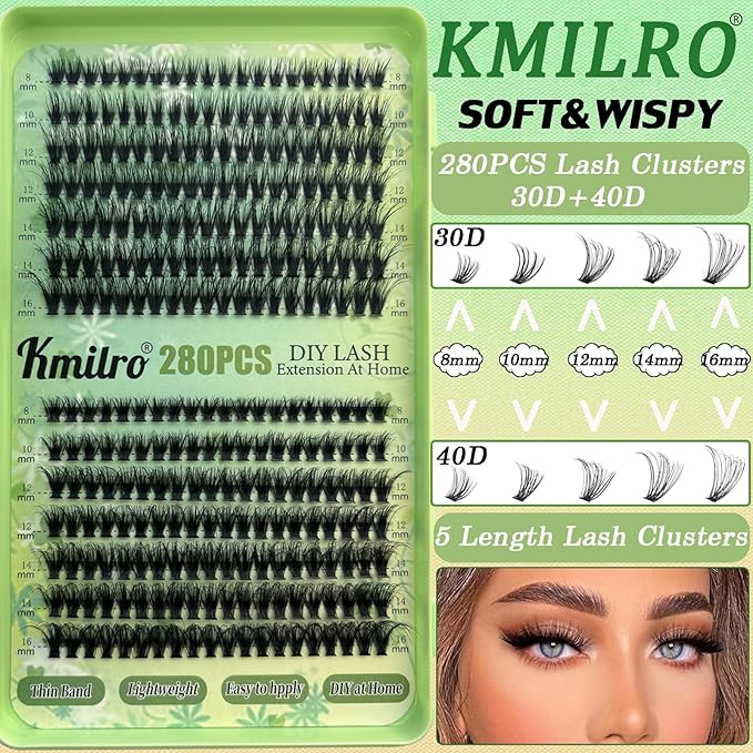 Wispy Lash Clusters 8-16mm Cluster Eyelash Extension 30D+40D Volume Eyelash Clusters 280pcs Super Soft Individual Lashes Plant Fibres False Eyelashes DIY Lash Extension