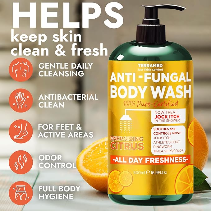 Antifungal Body Wash with Tea Tree Oil & Lemon Oil | 1% Tolnaftate Soap Helps Fight Ringworm, Jock Itch & Athlete’s Foot | Itch & Odor Relief | Medicated Citrus Body Wash for Men & Women | 16.9 oz