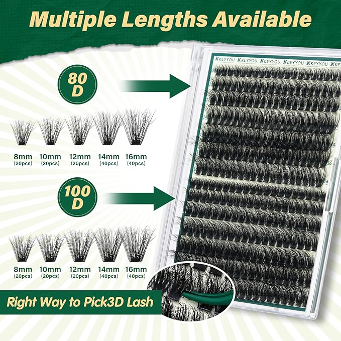KEYYOU 3D Effect lash Clusters Kit 80D100D 280pcs Eyelash Clusters Kit D Curl Individual Lashes Kit Wispy Lash Extensions Kit with Waterproof Lash Bond and Seal Tweezers (Lash Kit-8-16MIX)